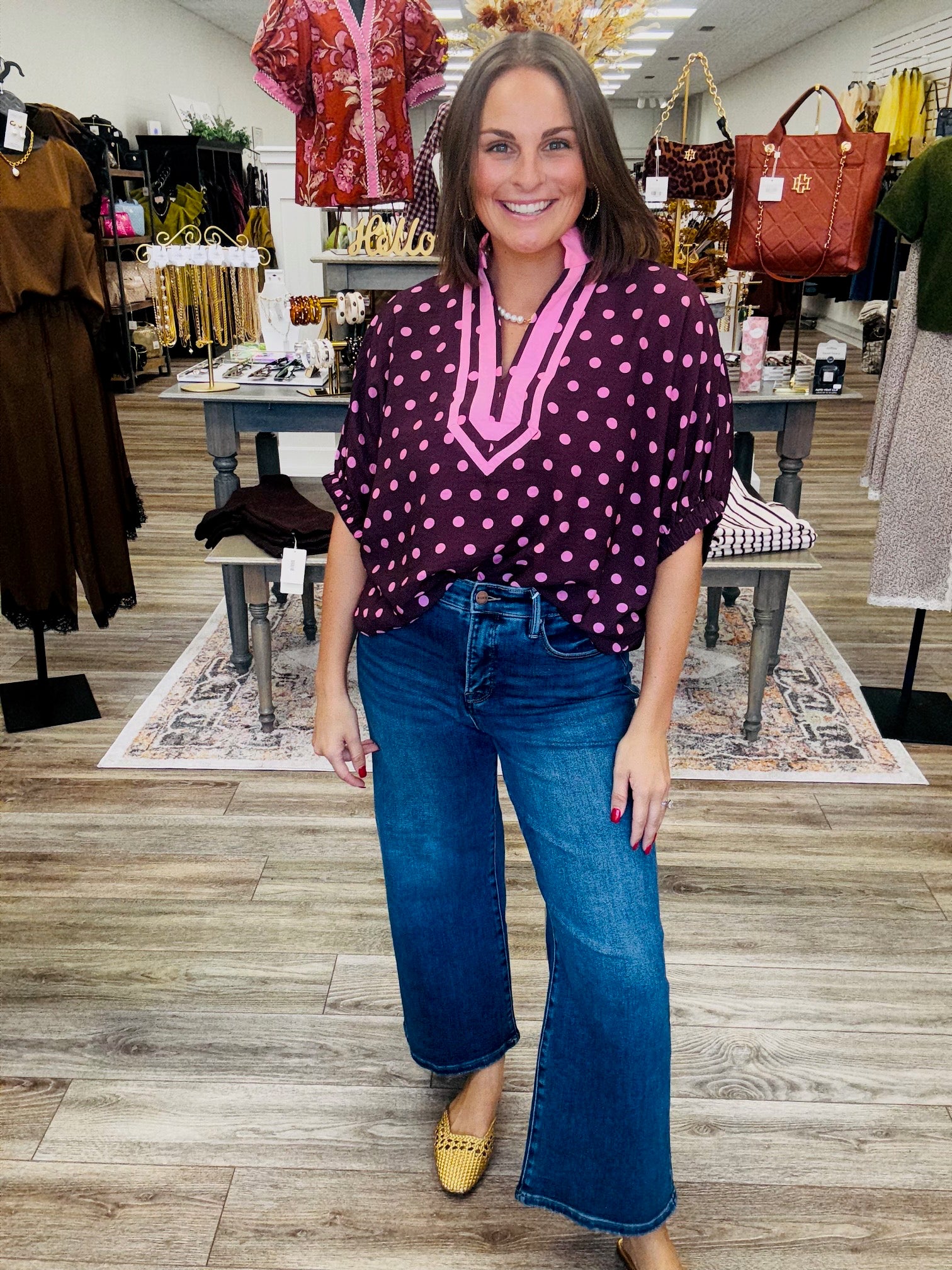 The Brittany Polk Dot Top - V neck Line Drop shoulder with elastic sleeve