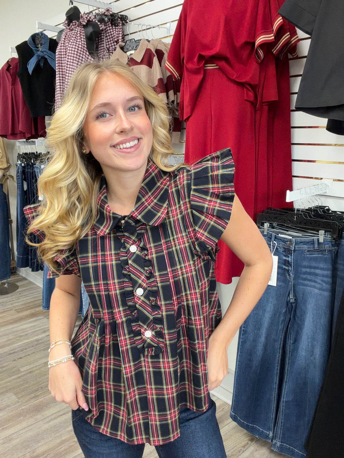 The Kristen Black Plaid Top - Collar detailing ruffle sleeve cz button