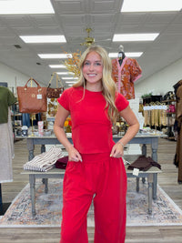The Camille Set - red Mineral Wash with Wide Leg Pants & Cropped T-Shirt