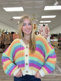 Esmeralda Rainbow Cardigan - Knit Button Down V Neck Slight Puff Sleeve Soft Fabric Cardigan
