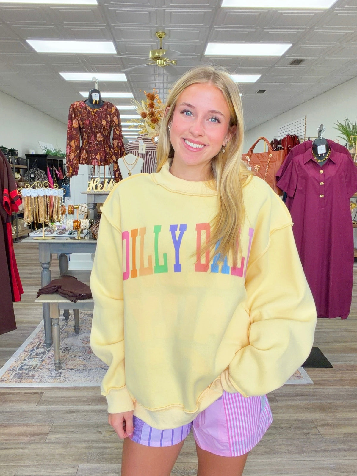 Butter yellow Dilly Dally Sweatshirt - Mock Neck butter yellow sweatshirt with rainbow print - bucketlist