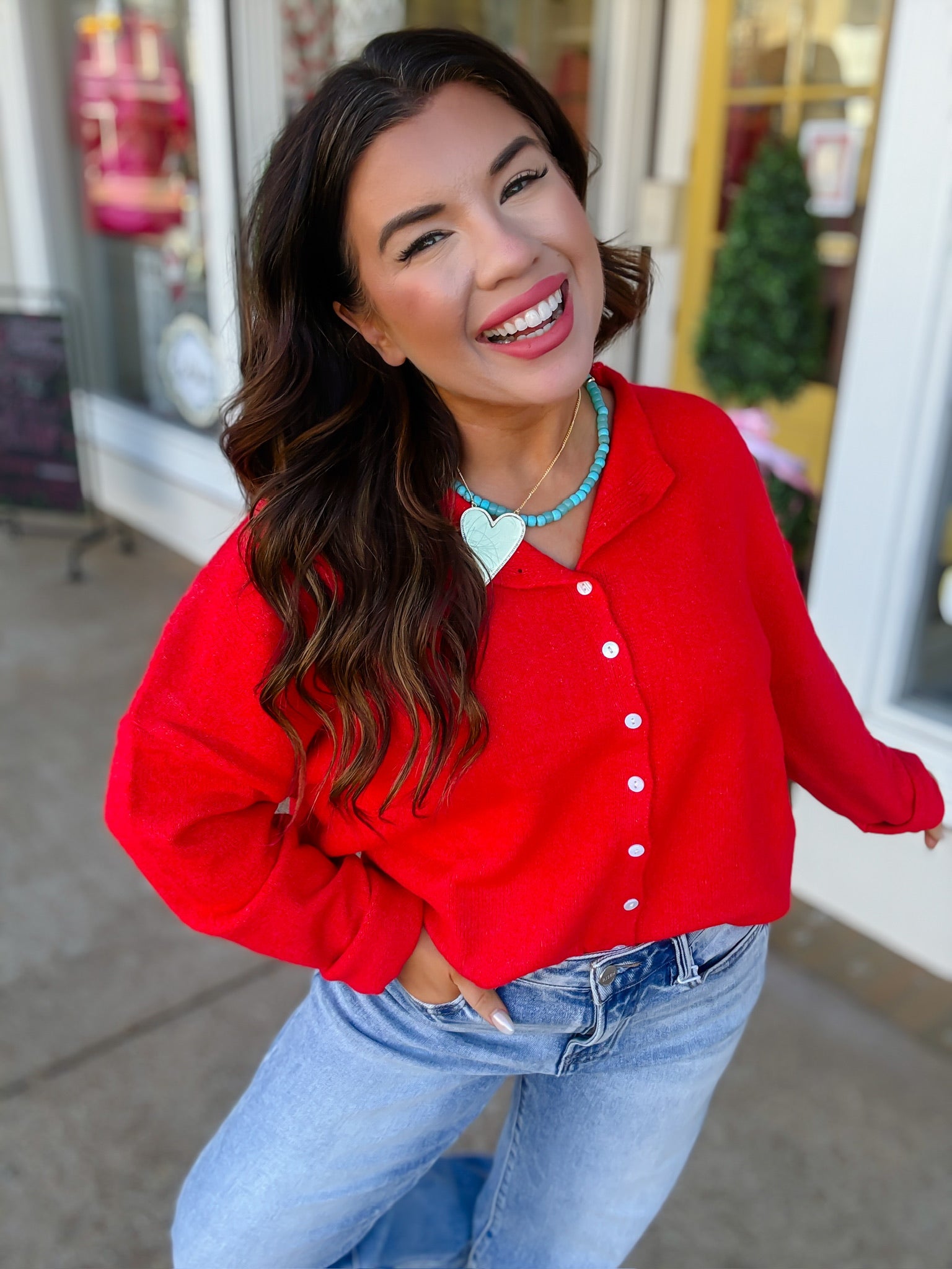 The Miranda Cardigan - Cherry Pop Long Sleeve Button Down Soft - Ee:some