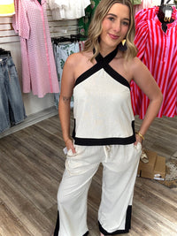 The Lucy set - linen white and black set with halter top- Entro