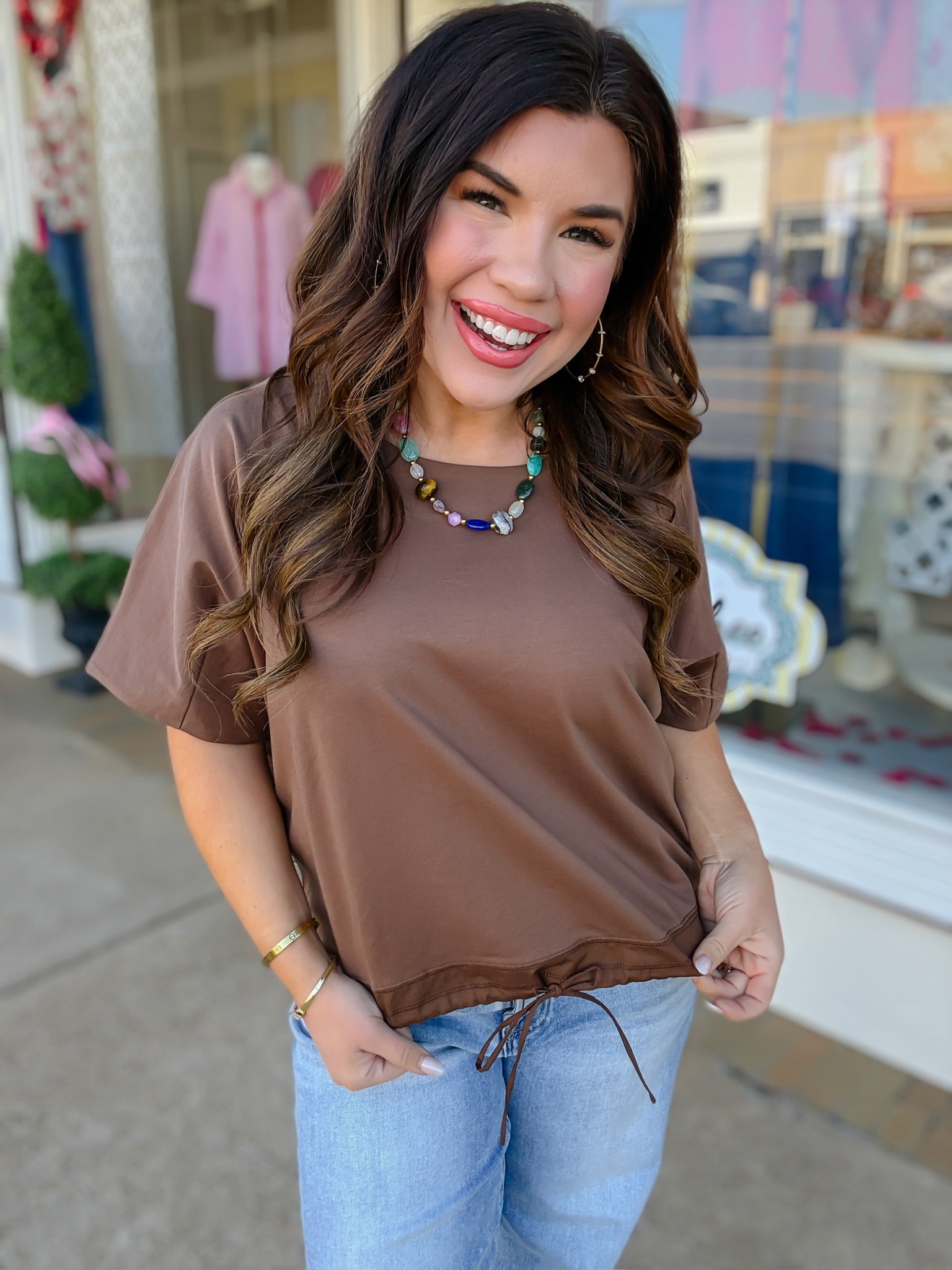 The Ella Top - Brown Draped Neckline Basic - Entro