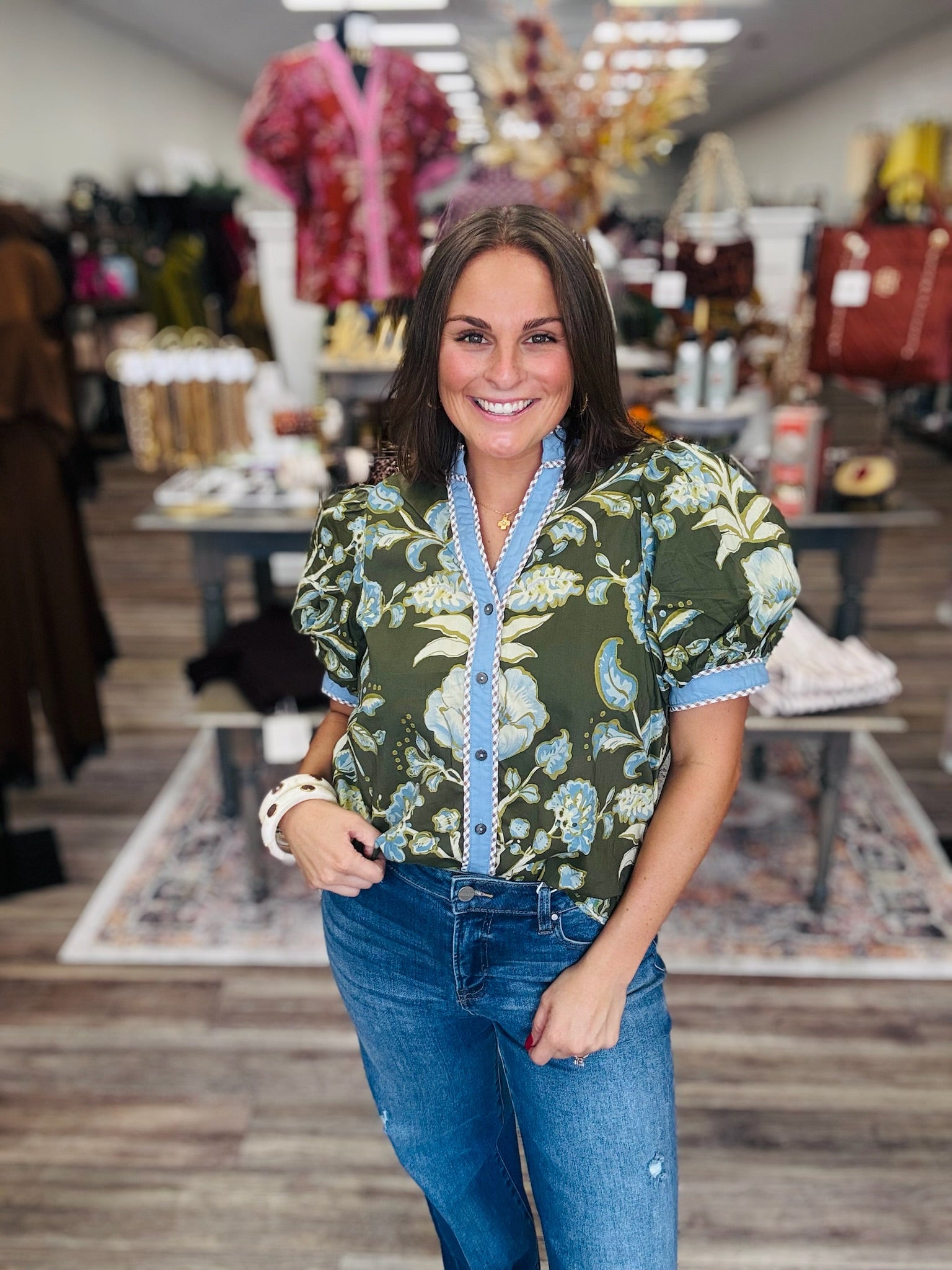 Olive Botanical Print Button-Front Blouse