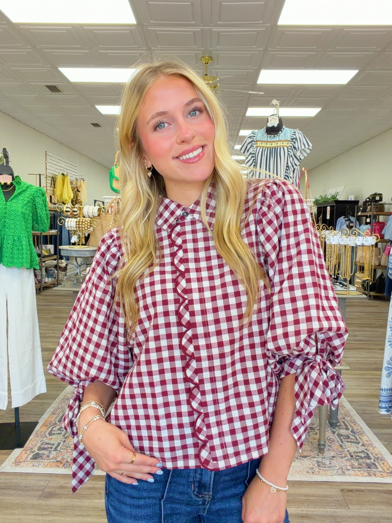 Autumn Orchard Gingham Ruffle Blouse – Burgundy & Ivory