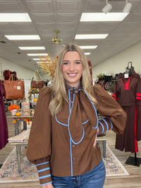 Saddle blue top - brown blouse with blue detailing, features neck tie scarf and cuffed sleeves