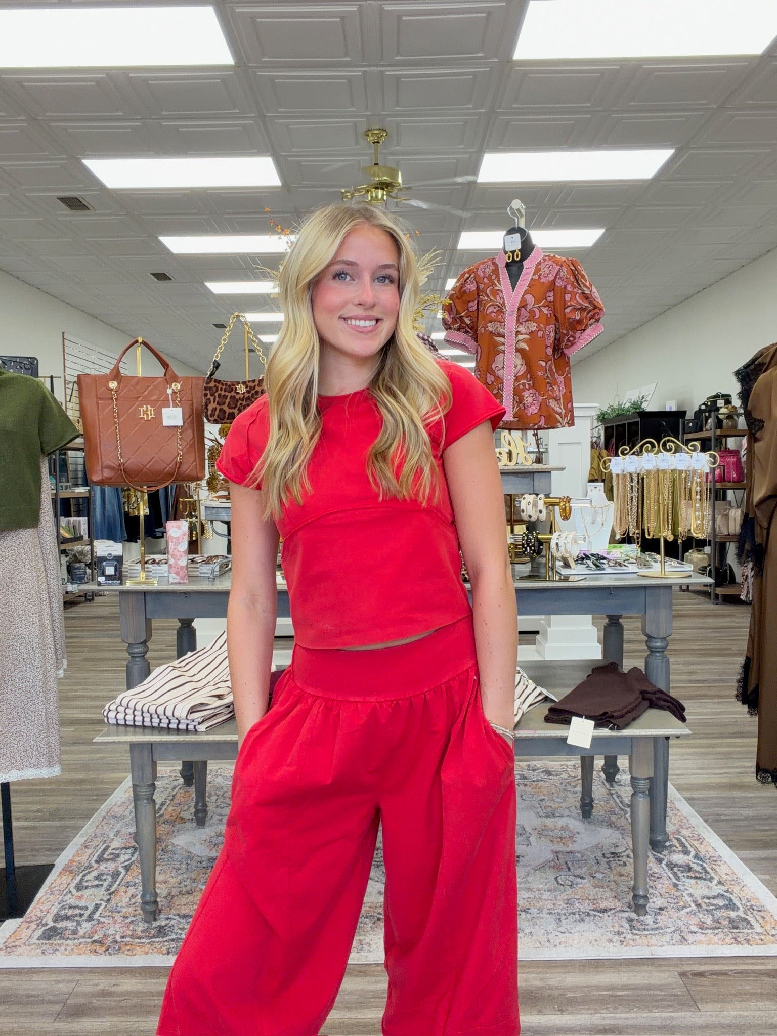 The Camille Set - red Mineral Wash with Wide Leg Pants & Cropped T-Shirt