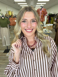 The Clara Striped Top - Button Down Pink/Brown Collar Detail