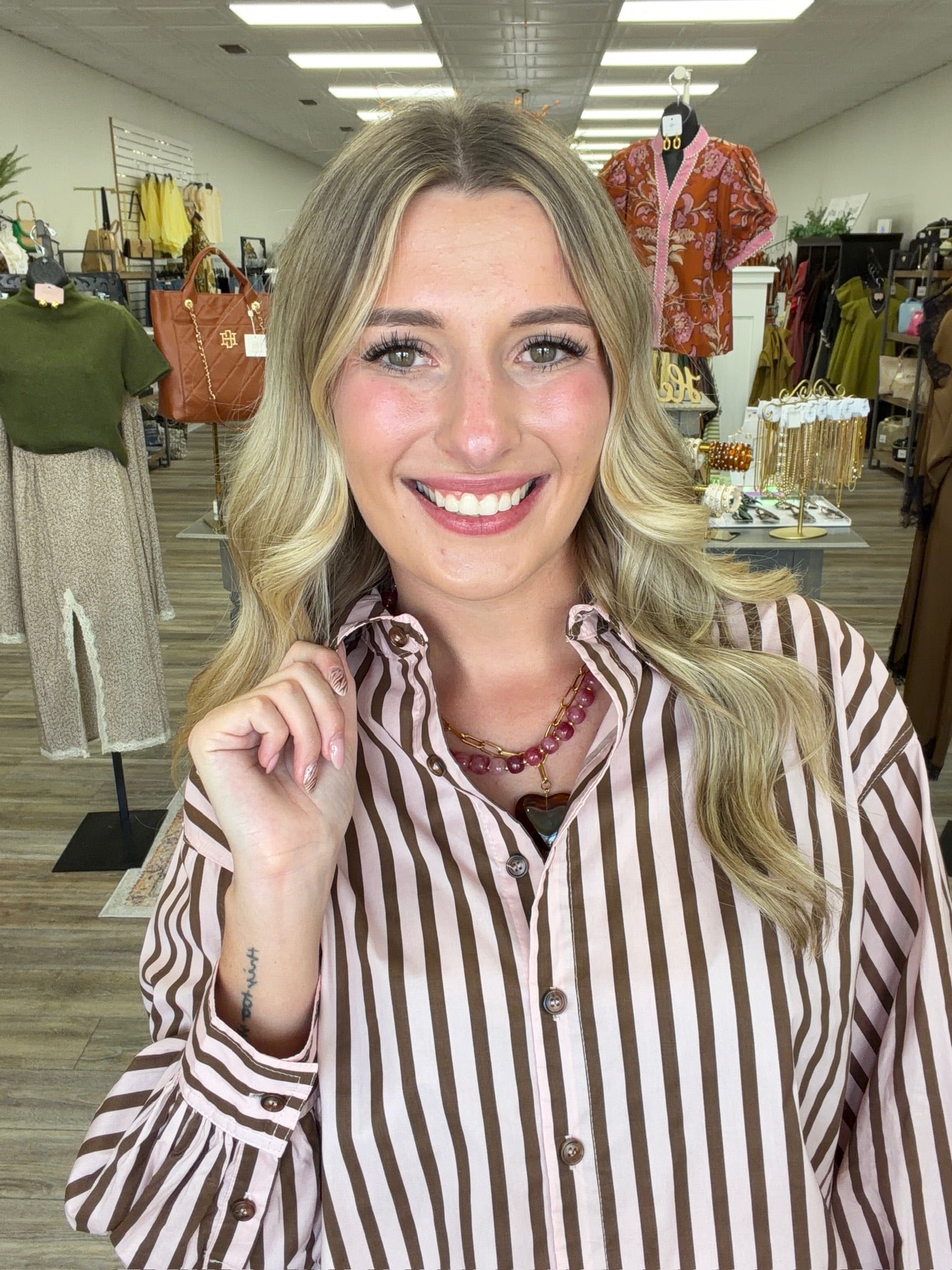 The Clara Striped Top - Button Down Pink/Brown Collar Detail