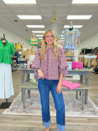 Autumn Orchard Gingham Ruffle Blouse – Burgundy & Ivory