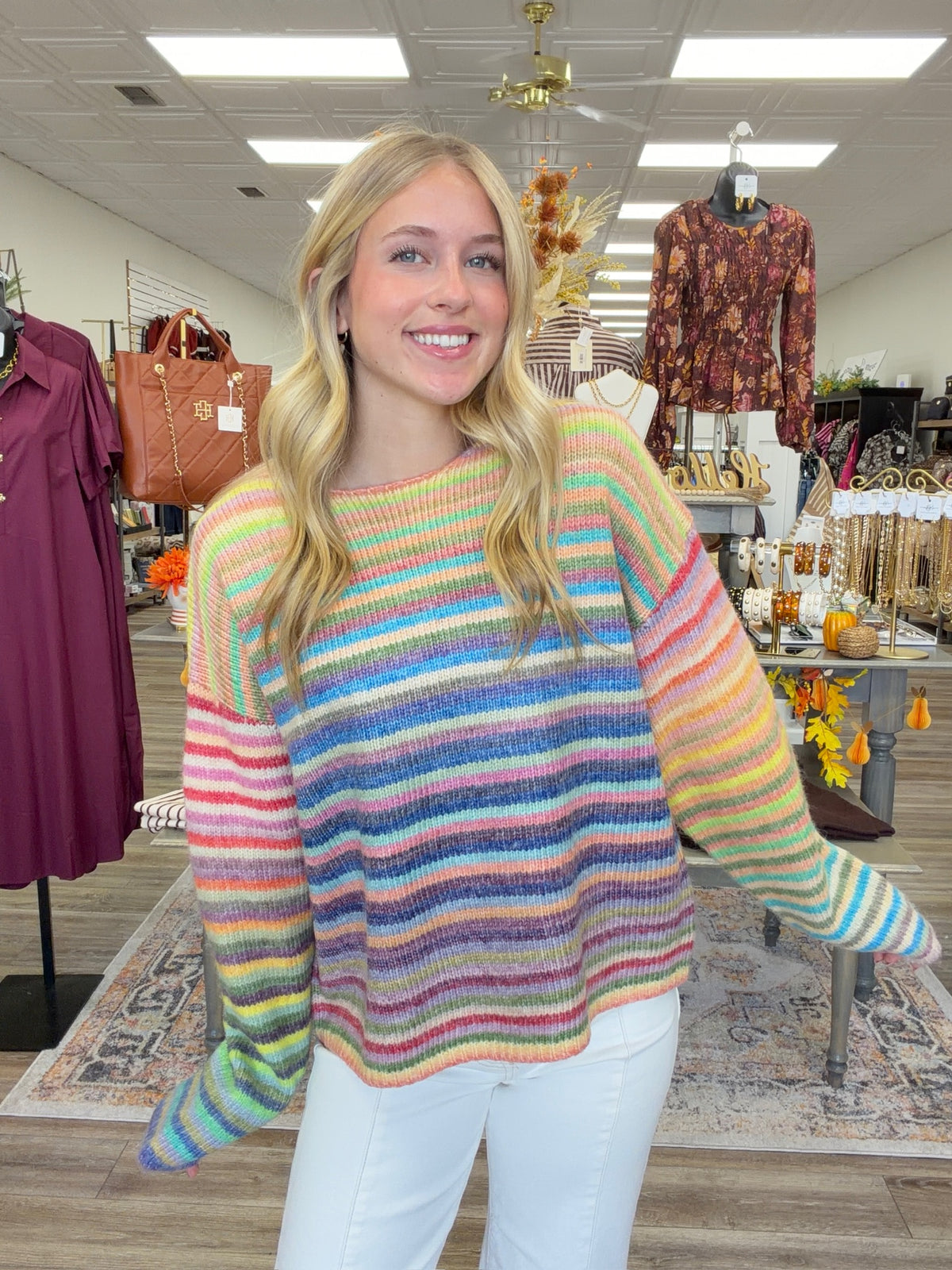 Happy hues sweater - soft, colorful rainbow-striped knit sweater featuring a cozy relaxed fit, and crew neckline