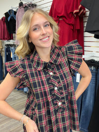 The Kristen Black Plaid Top - Collar detailing ruffle sleeve cz button
