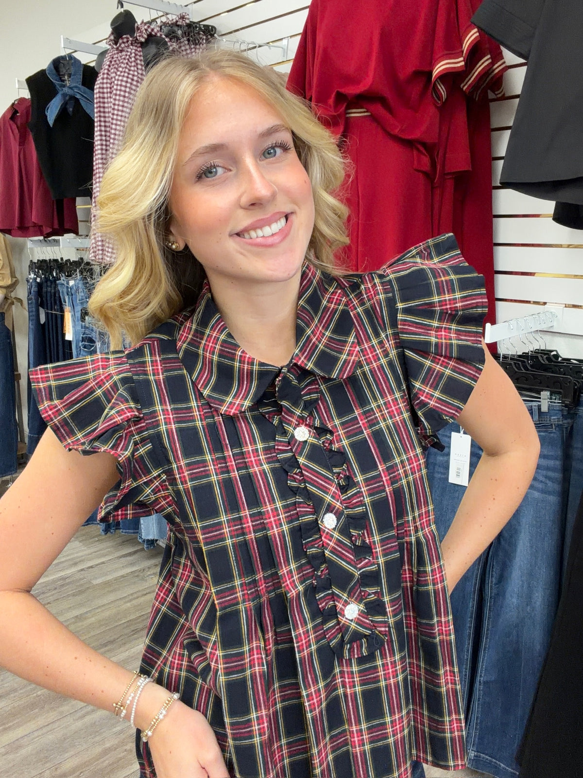 The Kristen Black Plaid Top - Collar detailing ruffle sleeve cz button
