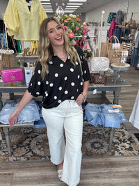 The Nikki Top - Black top collared V neck with polka dots - Jodifl