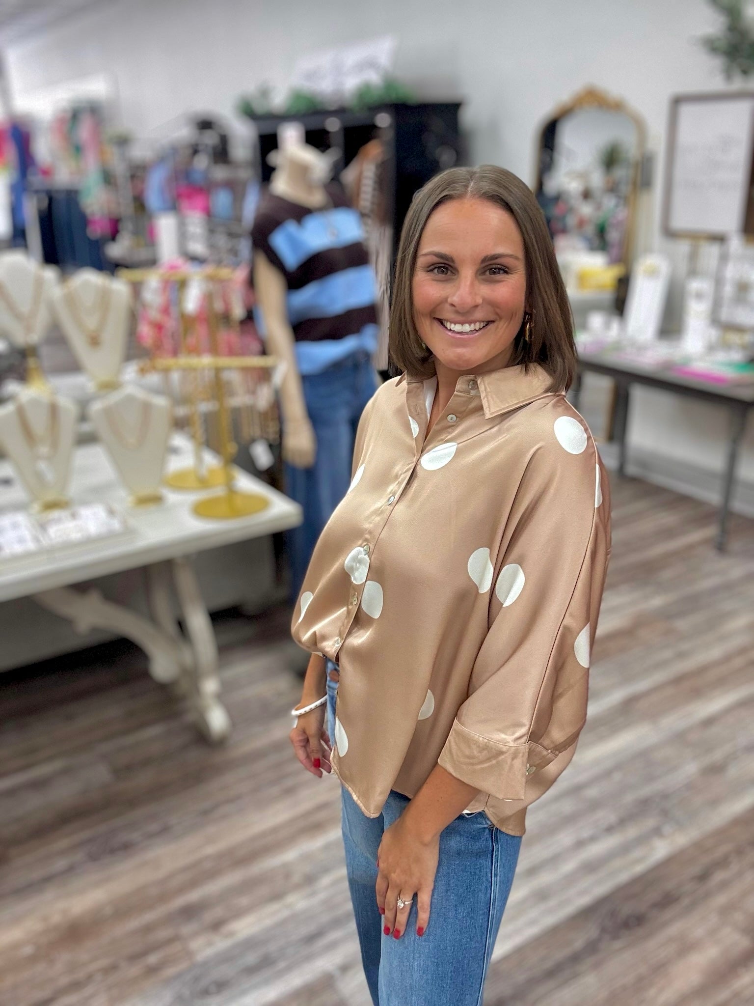 Pretty in polka dot - latte satin button-up top with oversized white polka dots, featuring a classic collar, three-quarter sleeves, and a relaxed fit