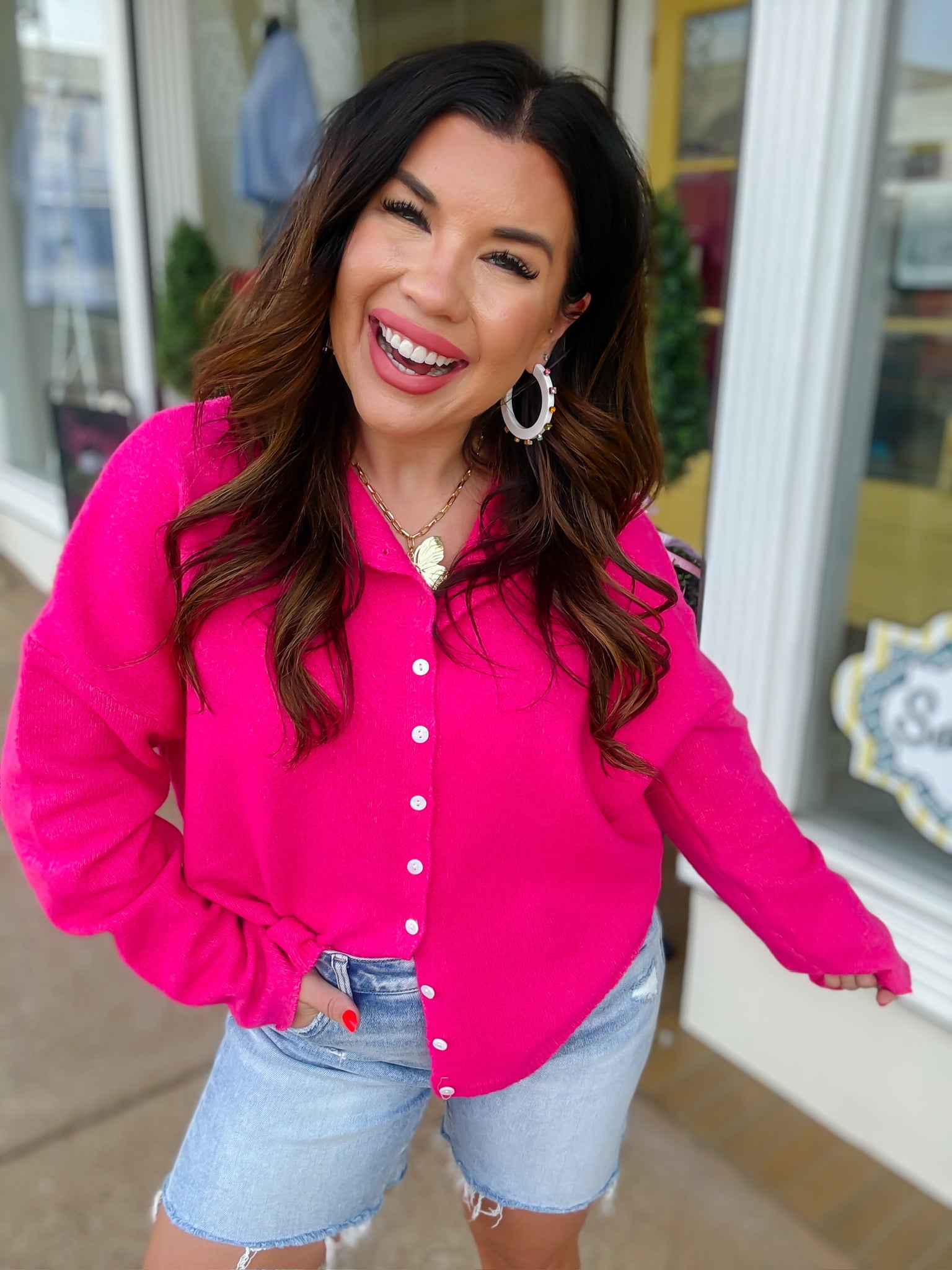 The Miranda cardigan- hot pink button down long sleeve soft - ee:some