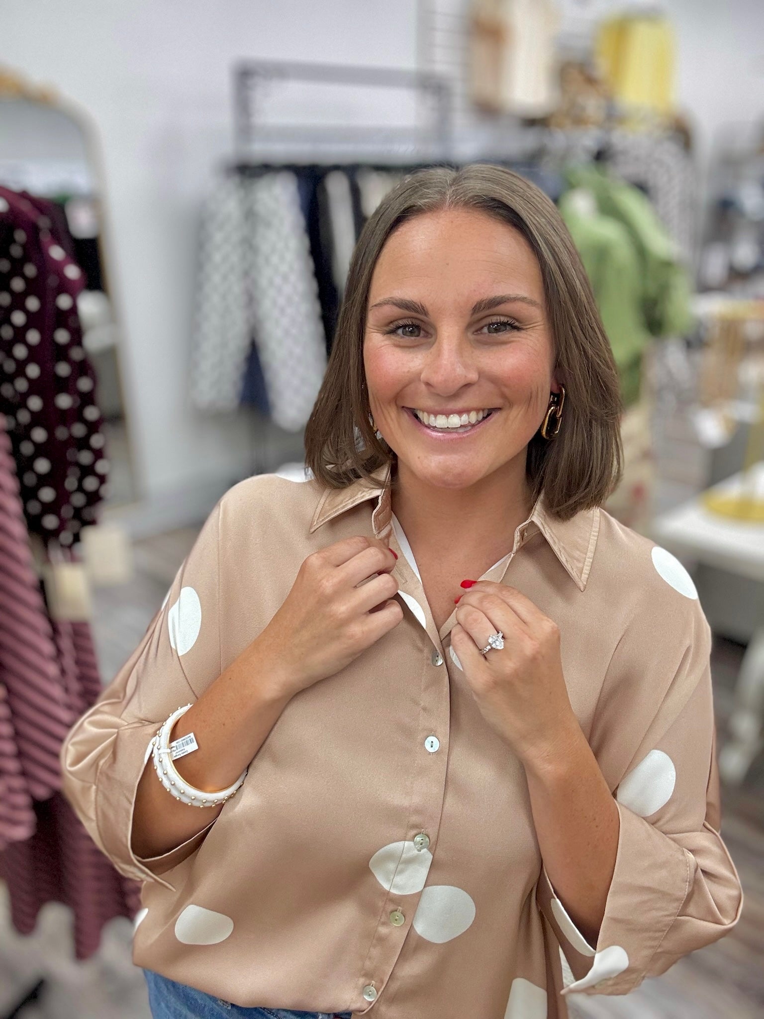 Pretty in polka dot - latte satin button-up top with oversized white polka dots, featuring a classic collar, three-quarter sleeves, and a relaxed fit