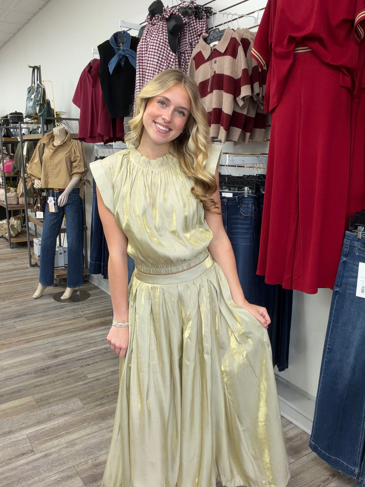 The Luxe Shirt Set - Ruffle Neckline Crop Top With Pleated Shimmer Midi Skirt