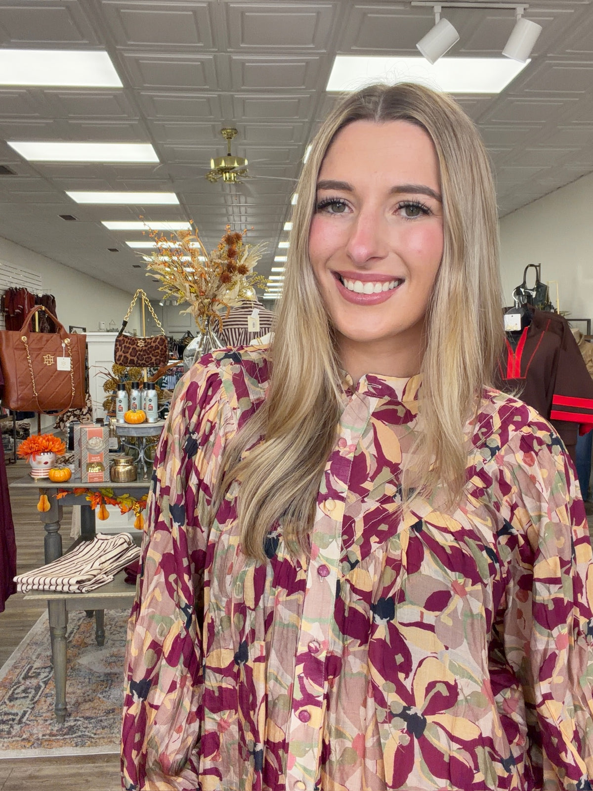 Burgundy Botanical Print Button-down blouse