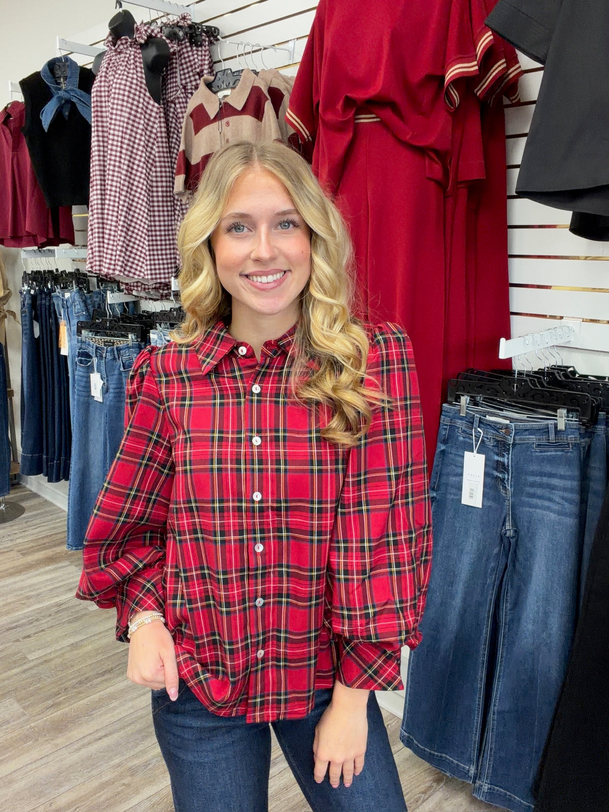 The Kelly Long Sleeve Top - Plaid Button Down Collar Detail