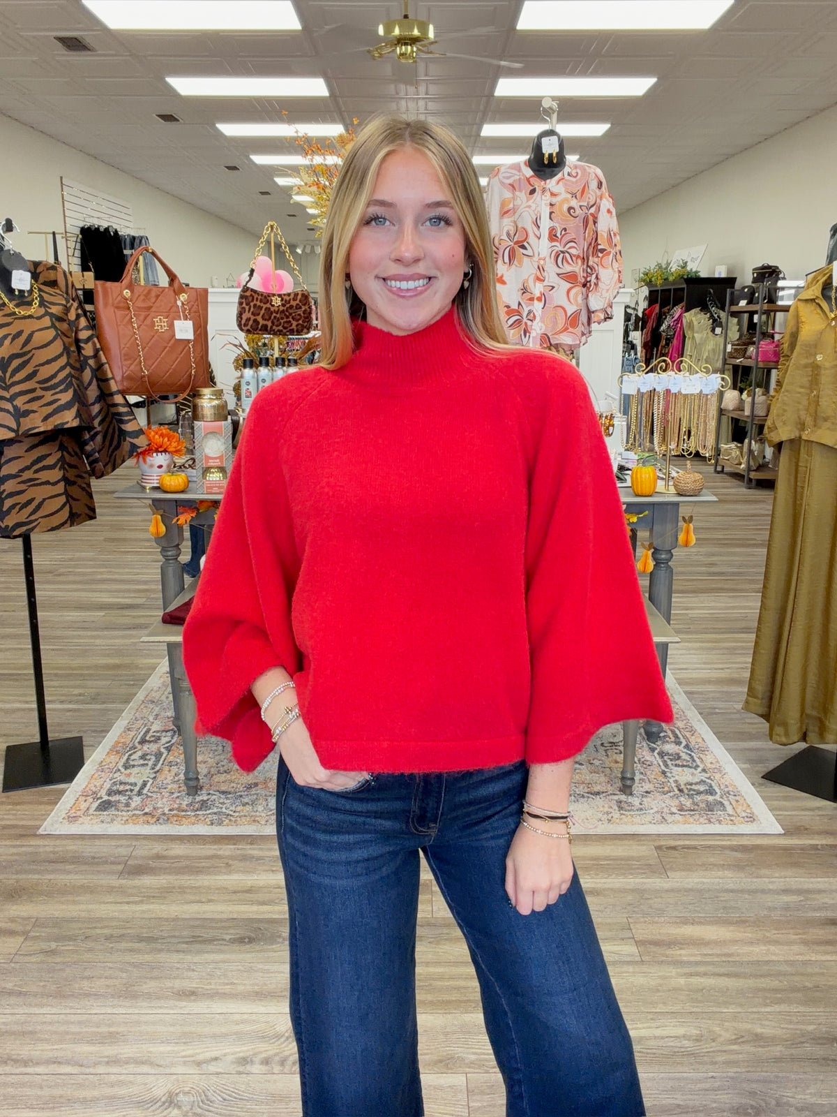 The Merry and Bright Sweater-Red Wide Sleeve Mock Neck Sweater