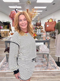 The Sutton Striped Set - striped ecru long sleeve top with a squirt