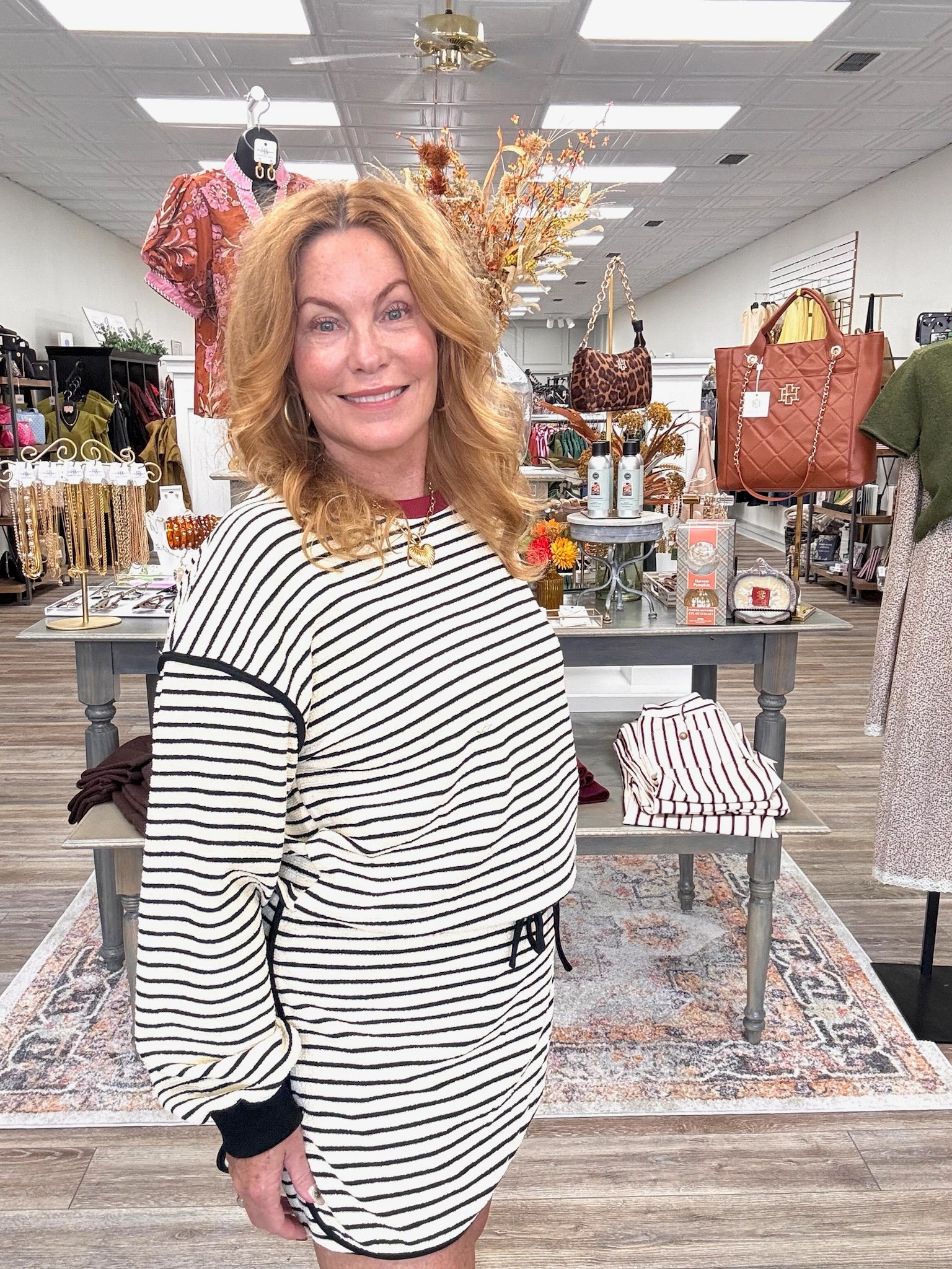 The Sutton Striped Set - striped ecru long sleeve top with a squirt