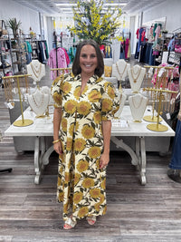 Golden Sunflower Stroll Pocket Midi Dress