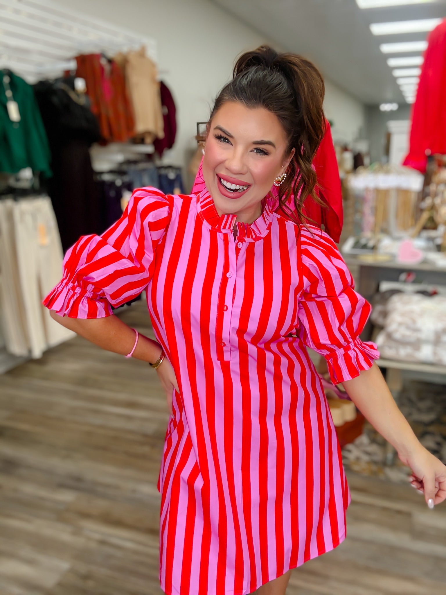 The Scarlett Stripe Dress - Button Down Striped Detail Ruffle Collar - Entro