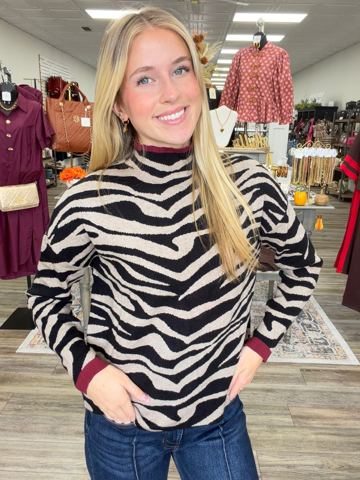 The Natalia Sweater - High Neck Zebra Pattern Knit Sweater