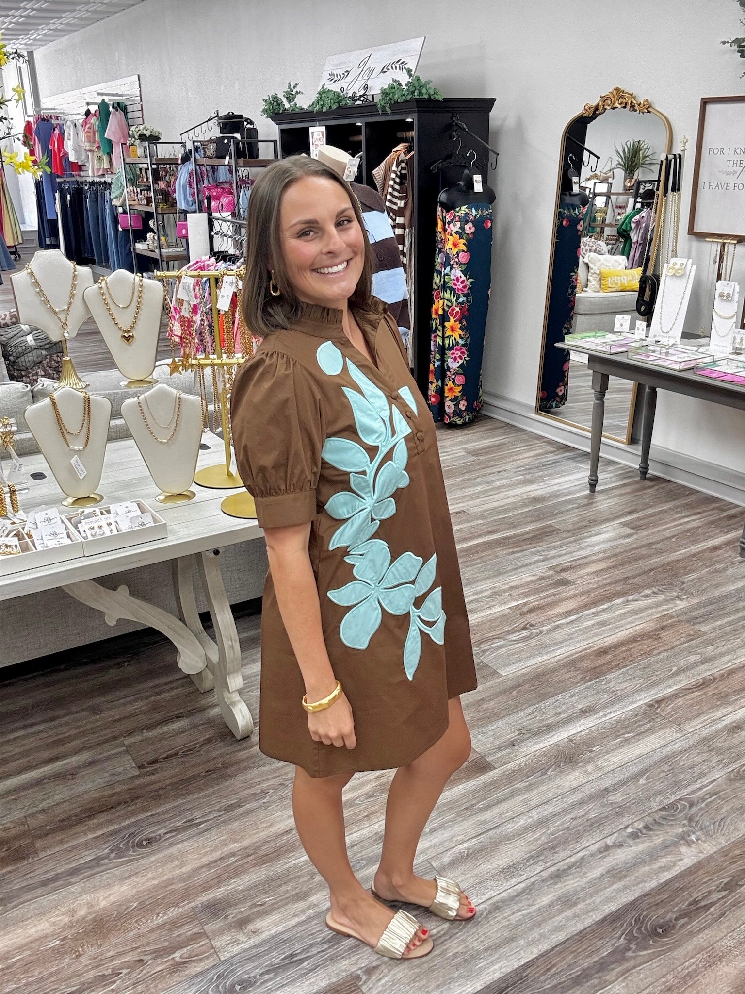 Livia Dress - Chocolate Brown With Turquoise Floral Embroidered Details With Slight Puff Sleeve, Ruffle Collar With Pockets