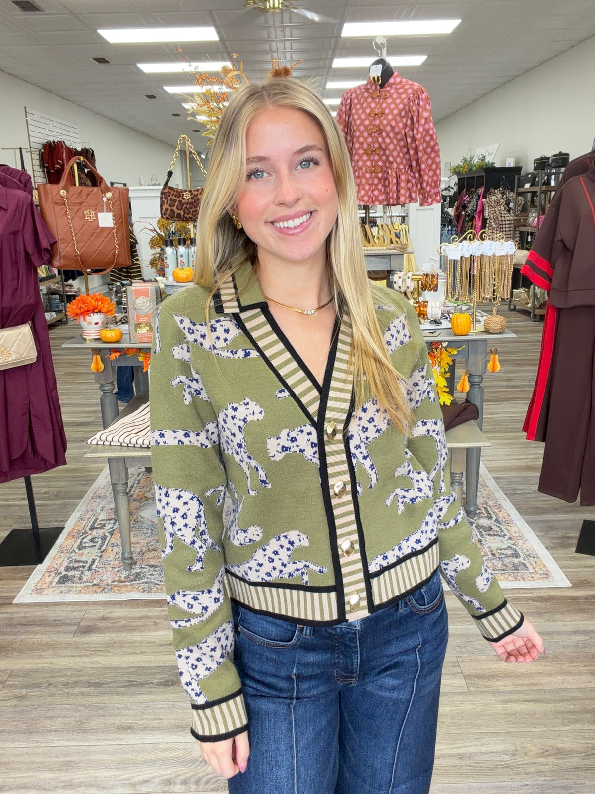 The Maya Leopard Cardigan - Cheetah  Print Button V Neck Green
