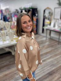 Pretty in polka dot - latte satin button-up top with oversized white polka dots, featuring a classic collar, three-quarter sleeves, and a relaxed fit