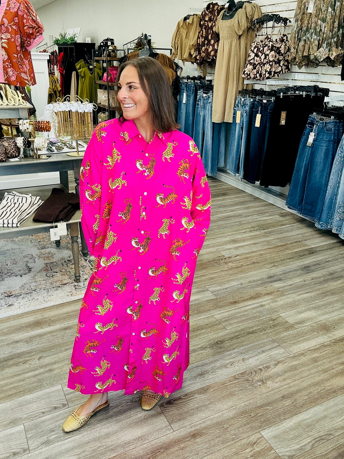 Wild at Heart Dress  - Hot Pink Mid Sleeve Button Down Dress