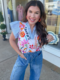 The Chloe Top - Ruffle Sleeve Floral Contrast Top - THML