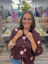Pretty in polka dot - burgundy satin button-up top with oversized pink polka dots, featuring a classic collar, three-quarter sleeves, and a relaxed fit