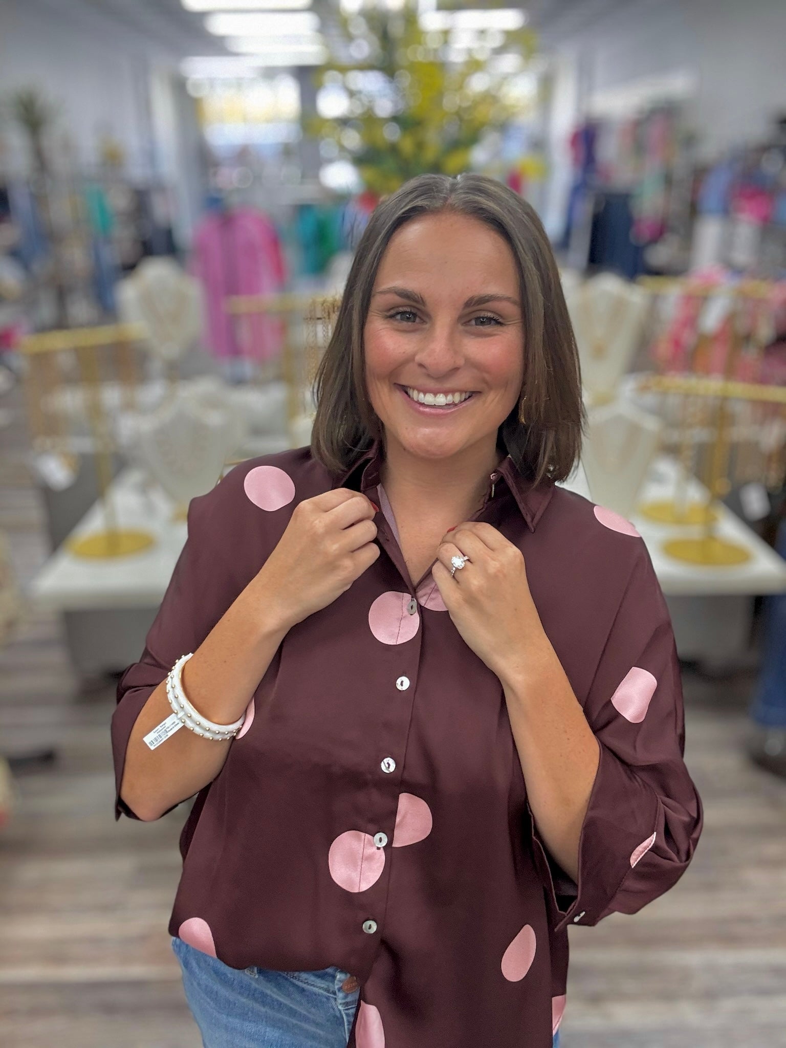 Pretty in polka dot - burgundy satin button-up top with oversized pink polka dots, featuring a classic collar, three-quarter sleeves, and a relaxed fit