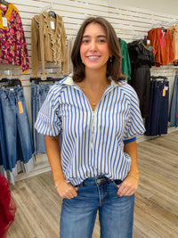 The Millie Stripe Top - Blue & White Puff Sleeve Elastics Cuff Zipper Detail - Entro