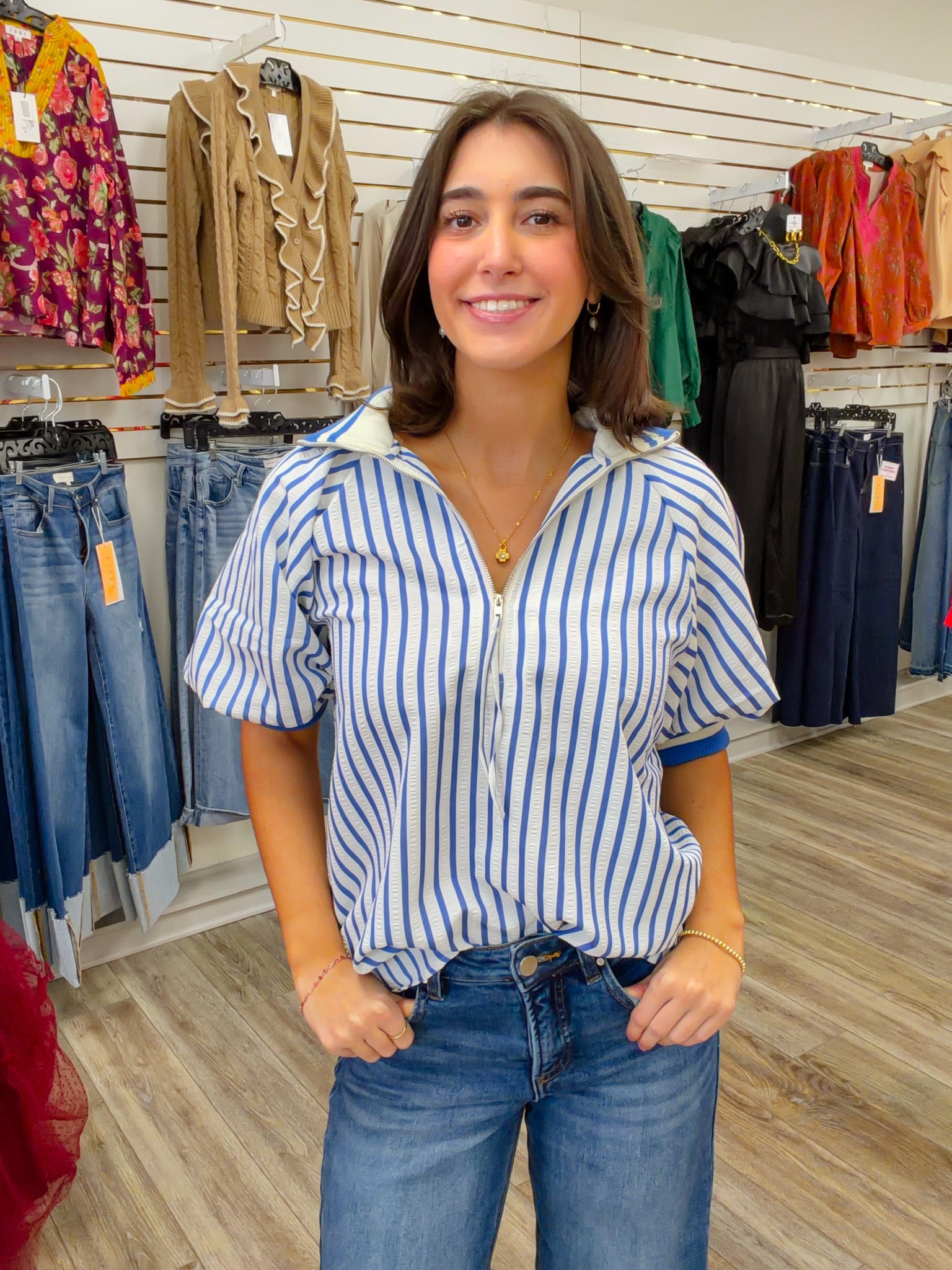 The Millie Stripe Top - Blue & White Puff Sleeve Elastics Cuff Zipper Detail - Entro