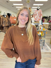 The Morgan sweater - brown knit sweater, exposed seam detailing, dropped shoulders, and ribbed trim at the neckline, cuffs, and hem