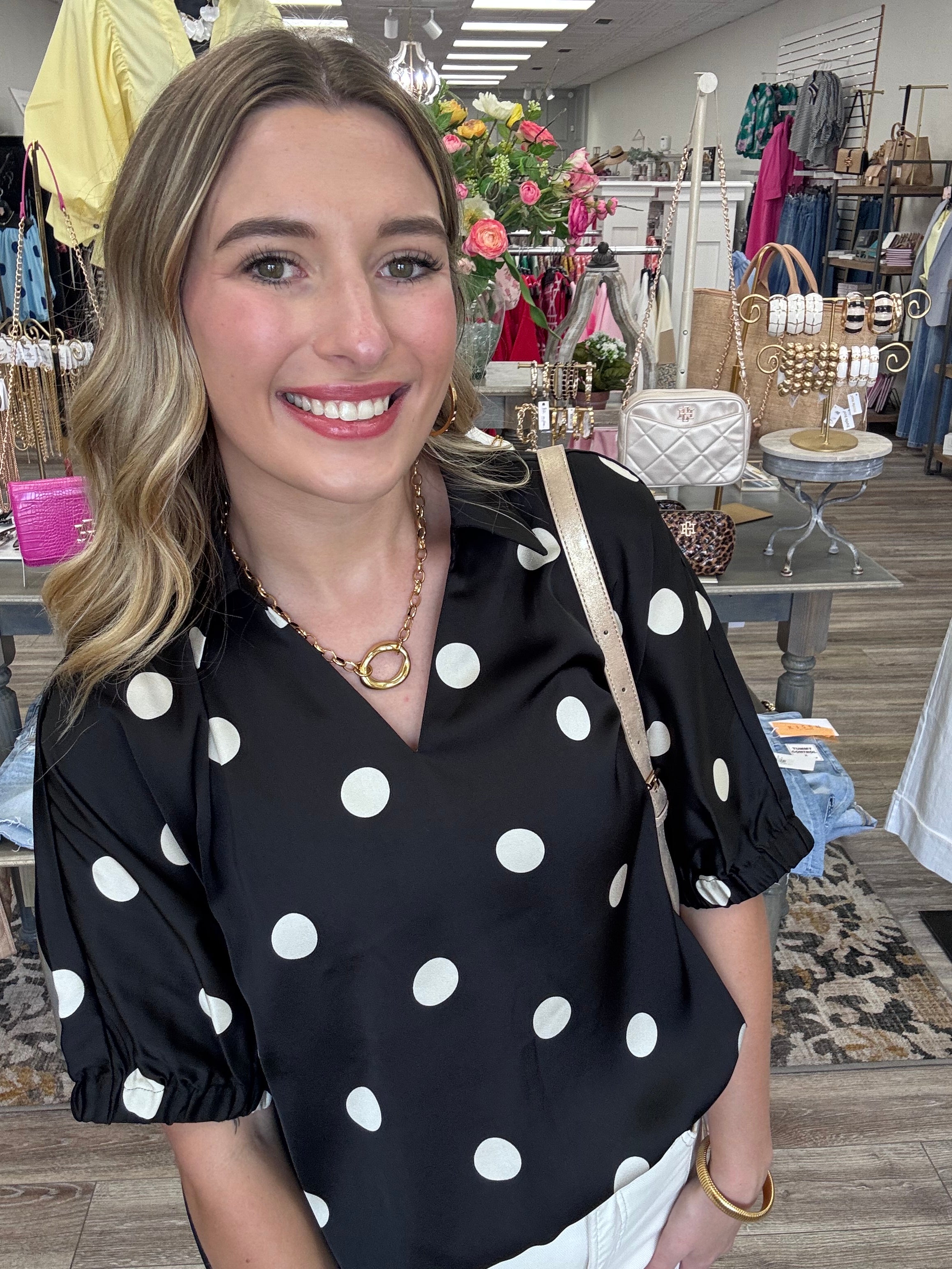 The Nikki Top - Black top collared V neck with polka dots - Jodifl