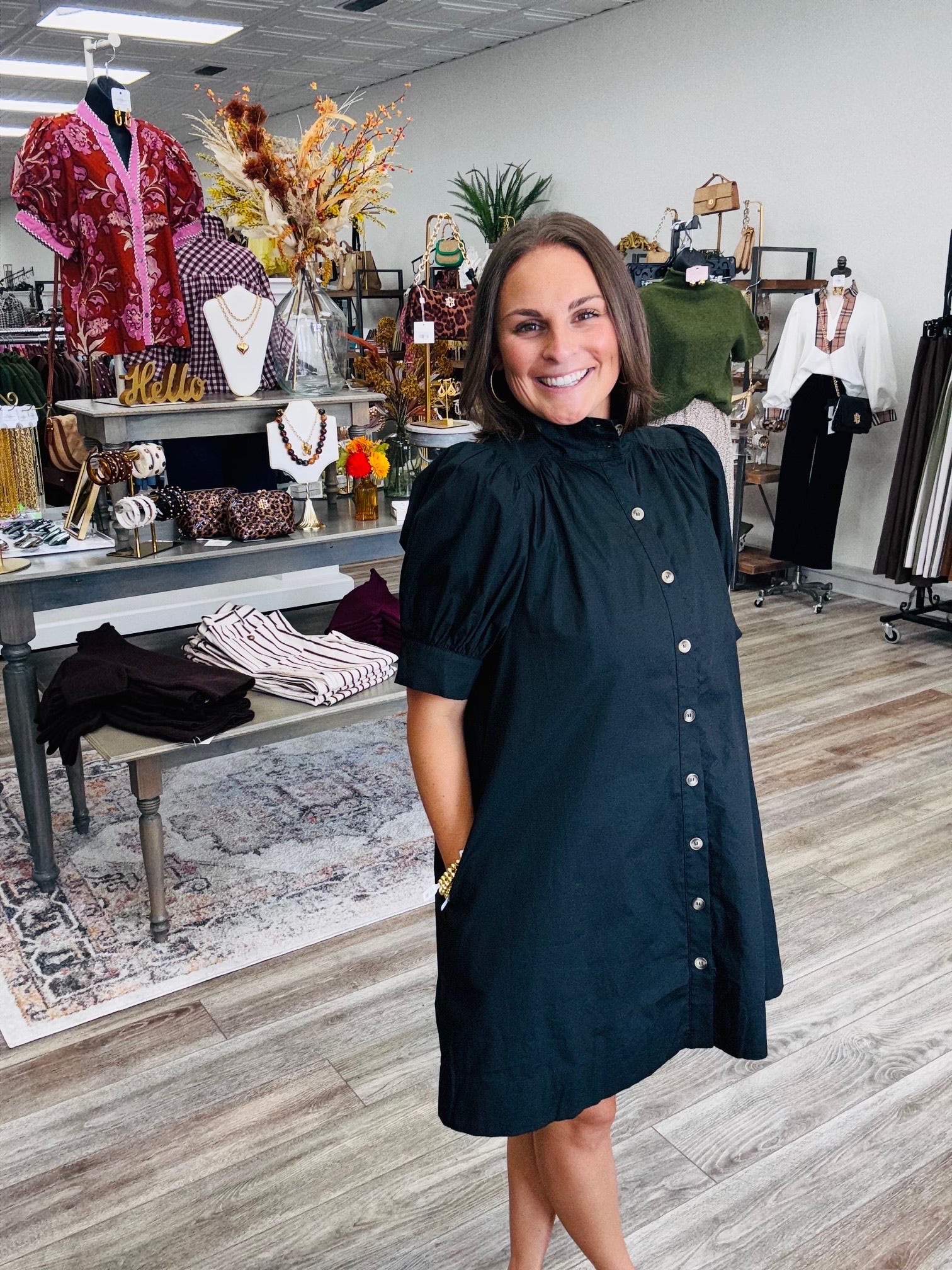 The Kennedy Button Dress - Black puff sleeve collar detailing mid-length