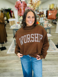 The “Worship” Mock neck Sweatshirt - Gigham Embroidered Brown Soft Material