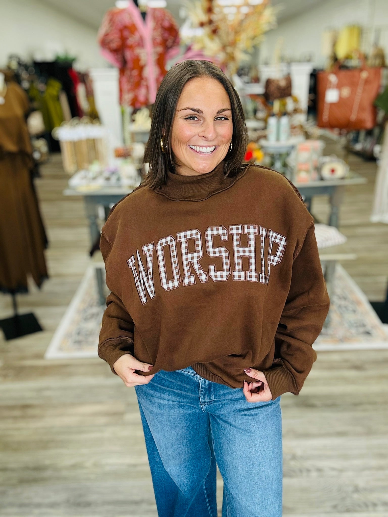 The “Worship” Mock neck Sweatshirt - Gigham Embroidered Brown Soft Material