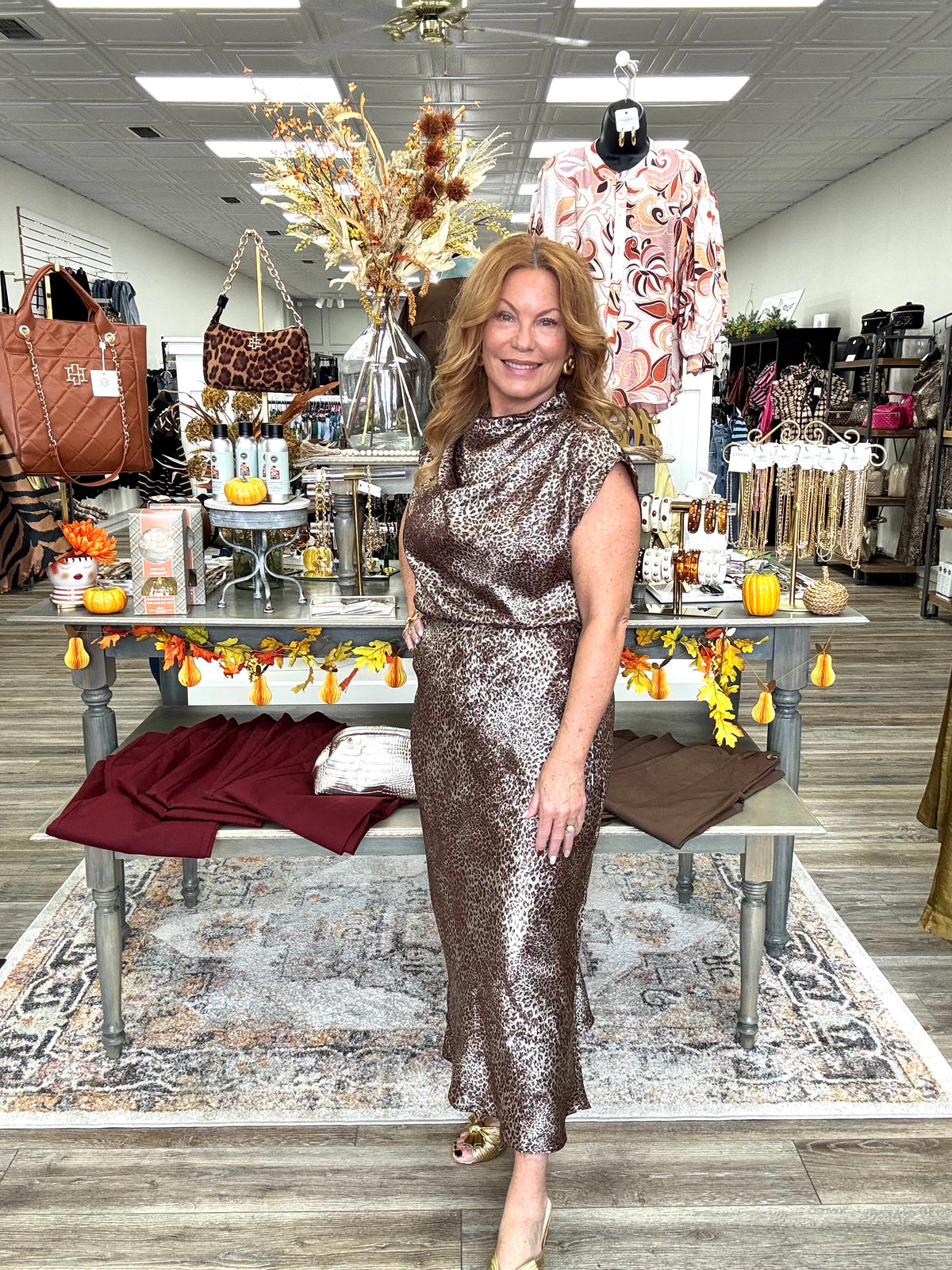 The Amanda Leopard Set -  Metallic Skirt Set Sleeves-less top With High Neck Long skirt