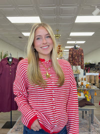 Cherry Coast Striped Button-Up Sweater