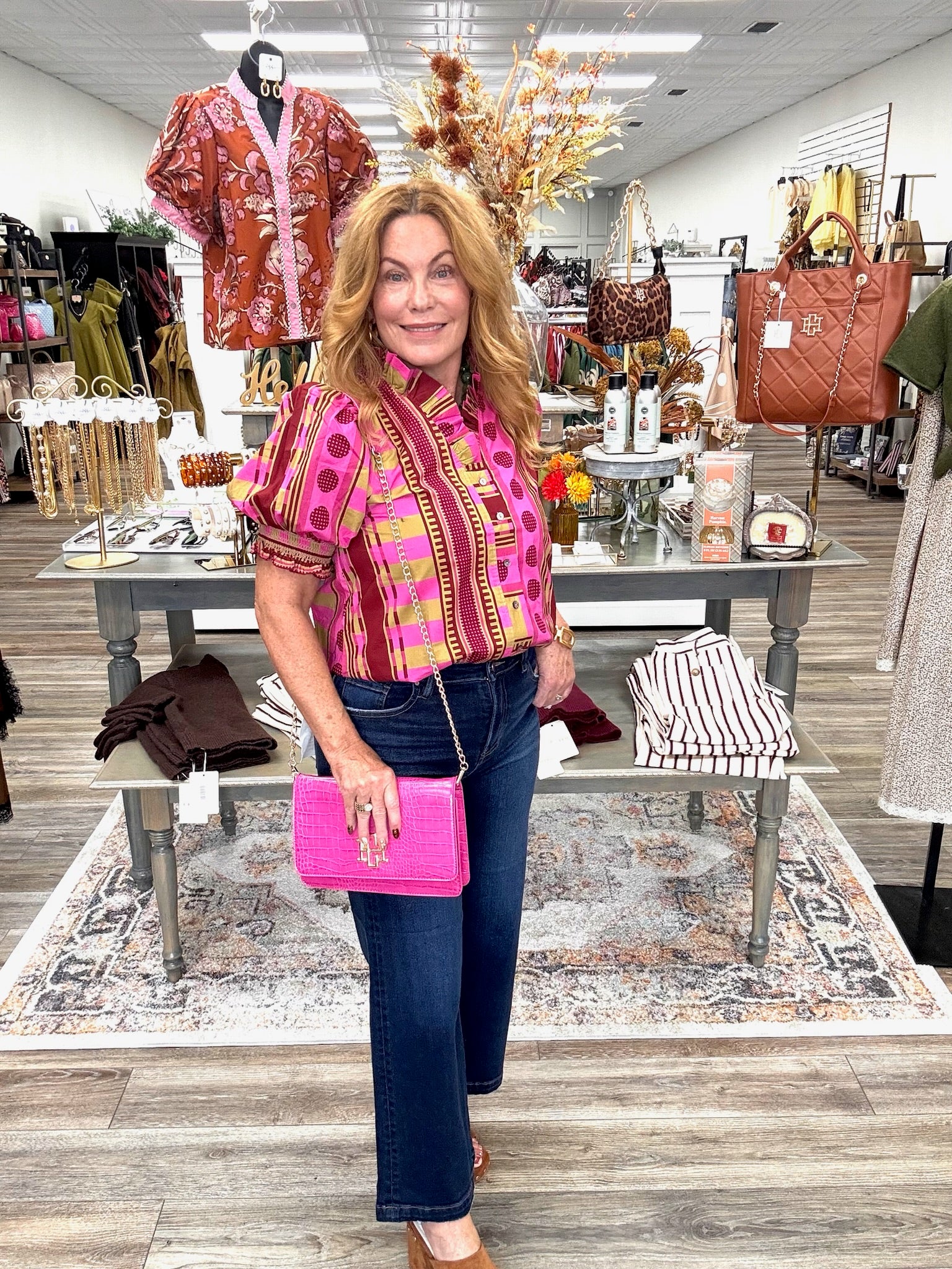 Pink Pumpkin Spice Top - Vibrant pink and olive printed top featuring a playful mix of stripes and geometric patterns, statement puff sleeves, and feminine ruffle detailing.