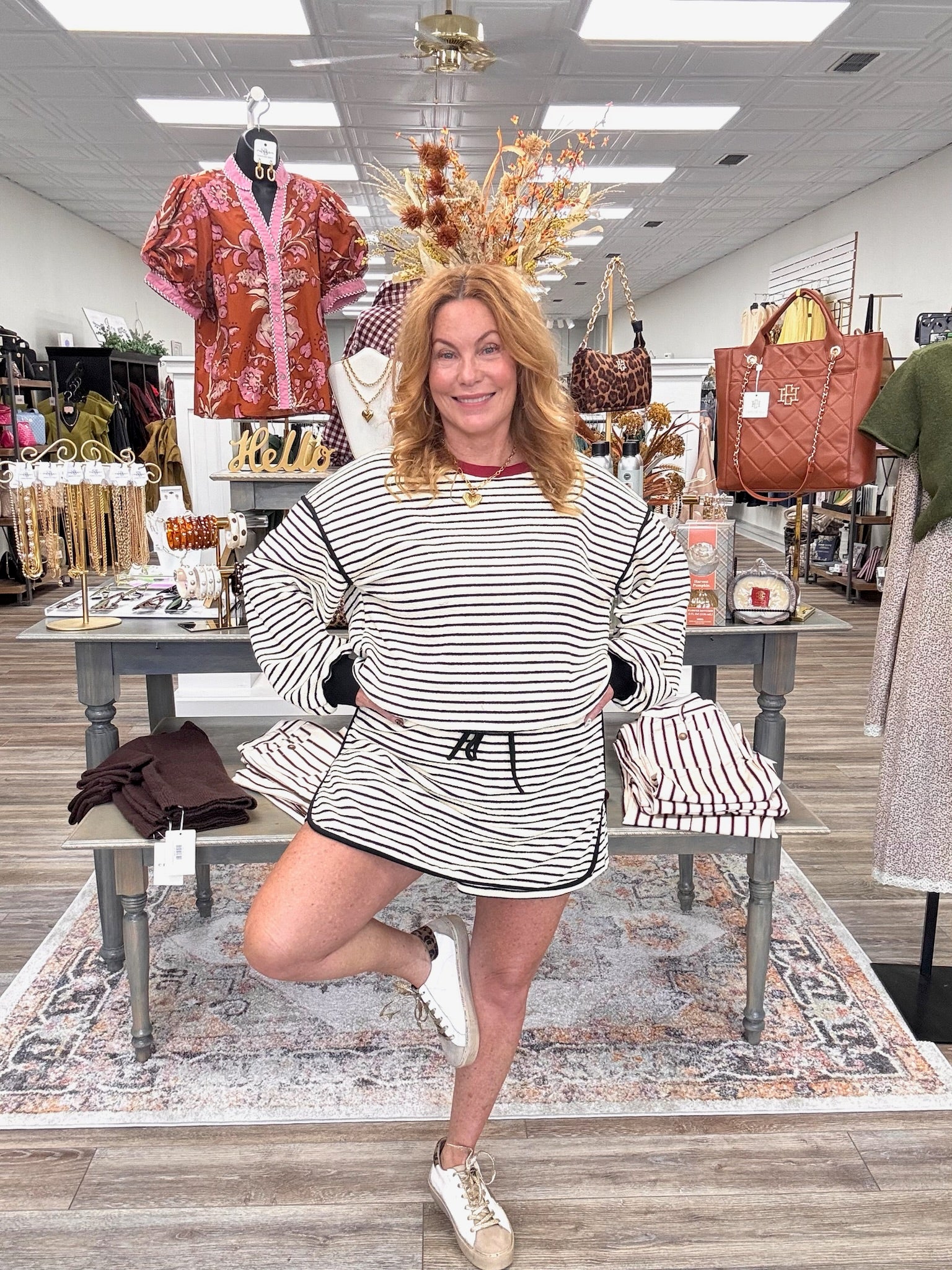 The Sutton Striped Set - striped ecru long sleeve top with a squirt
