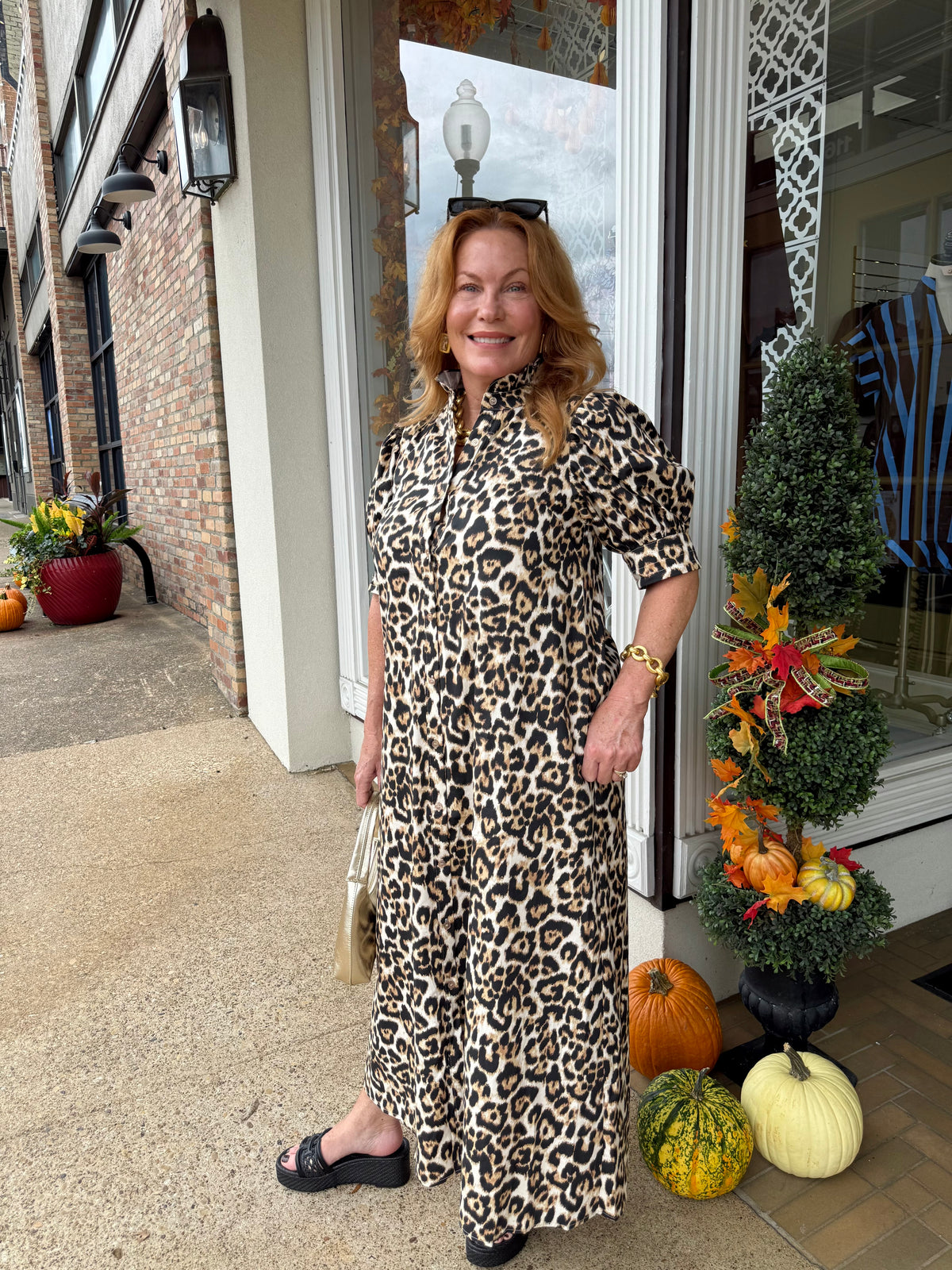 The Lennox Leopard Dress - Ruffle High Neckline Button Down Midi